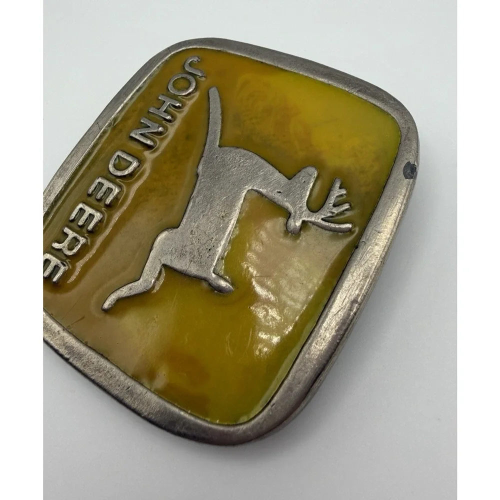 John Deere Vintage Yellow Enamel Belt Buckle Classic Leaping Deer Logo